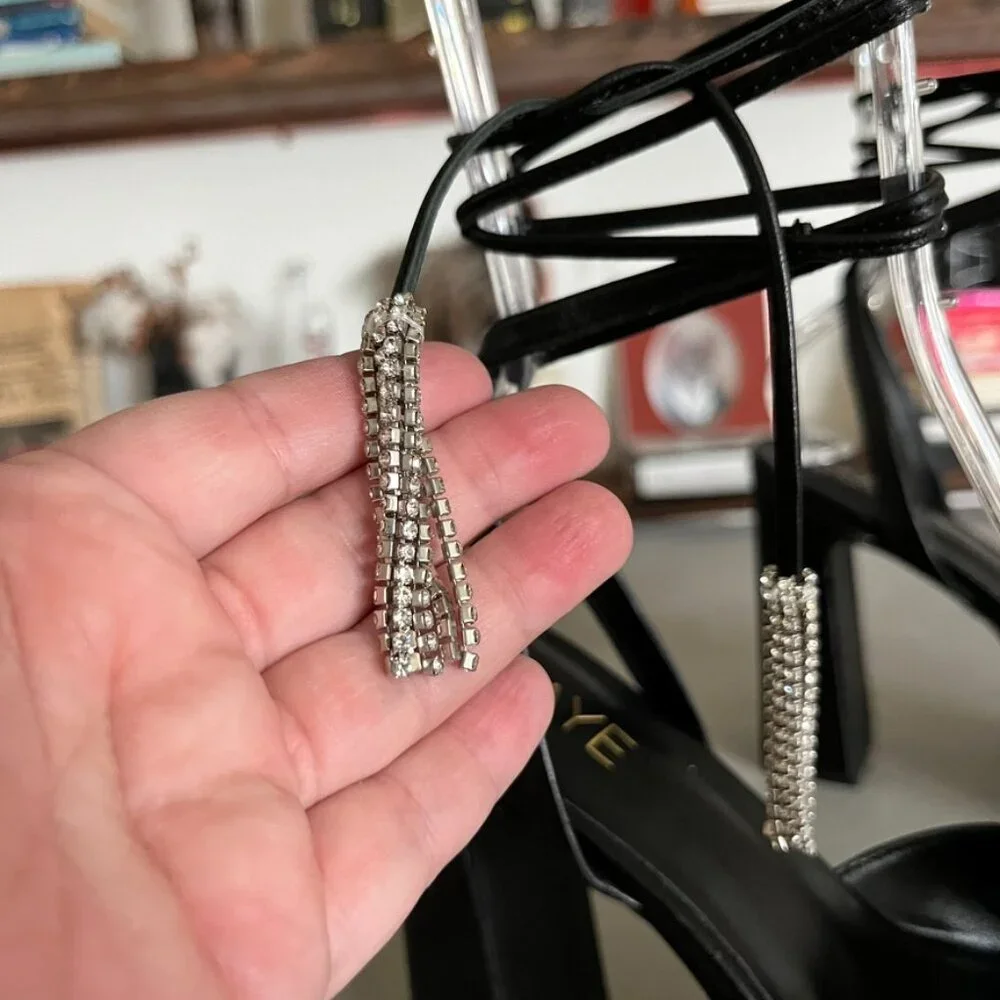 Raye Revolve Black Dot Platform Tie Up Wrap Block Heels - Picture 3 of 14